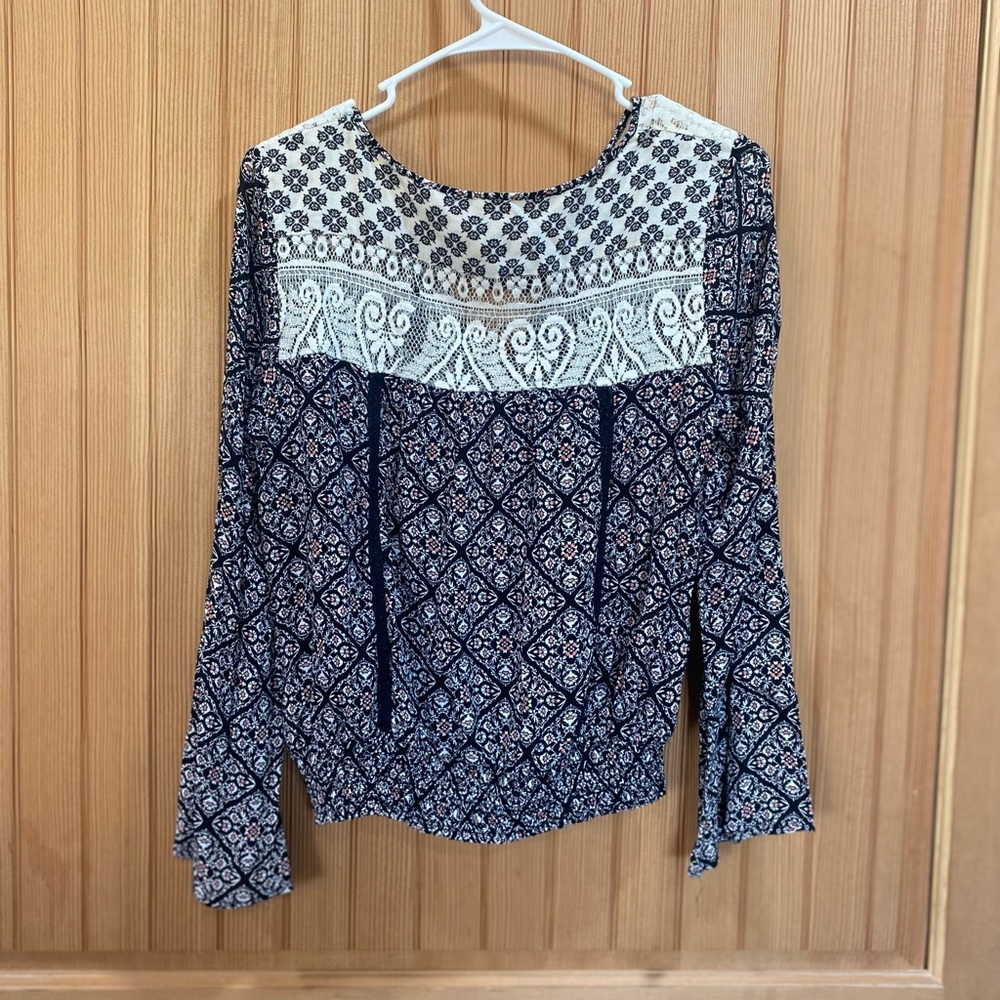 Xhilaration Navy and Ivory Lace-Yoke Tie-Front Blouse - Picture 4 of 6